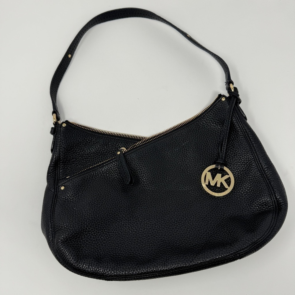 Michael Kors Black Pebbled Leather Shoulder Bag with Gold Hardware